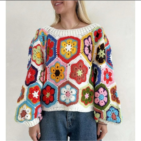 Neutral Ground Sweaters - Loui Square Crochet Knit Sweater- Floral Pattern